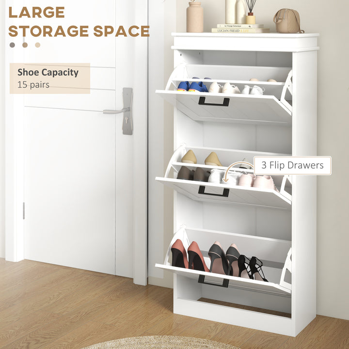 HOMCOM Slim Shoe Cabinet with 3 Flip Drawers and Adjustable Shelves, Narrow Shoe Cabinet for 15 Pairs of Shoes, White