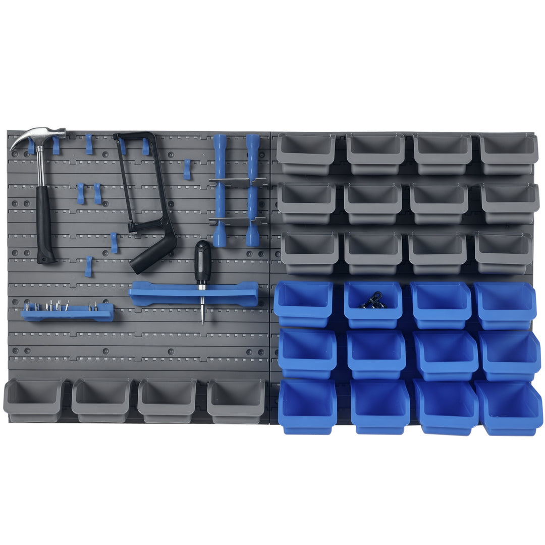 DURHAND 44PC Wall Mounted Storage Bins Parts Rack Kit with 2 Colour Parts, Hardware Screw Tool Organizer with Storage Bins, Pegboard and Hooks, Garage Plastic Organizer, Blue
