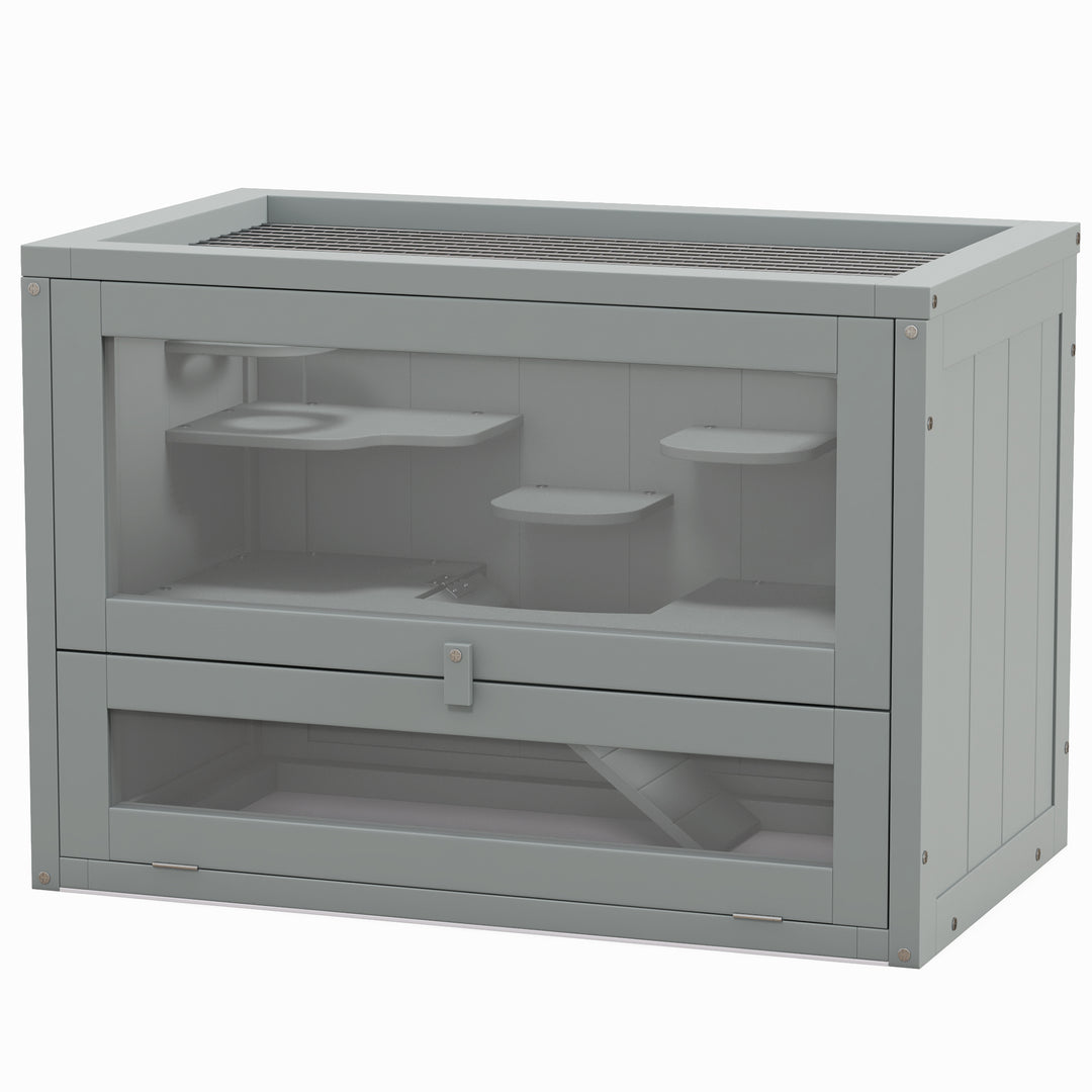 PawHut 24 Inch Hamster Cage, 2 Levels Small Animals Habitat Pet House with Openable Roof, Run Space, Platforms, Grey