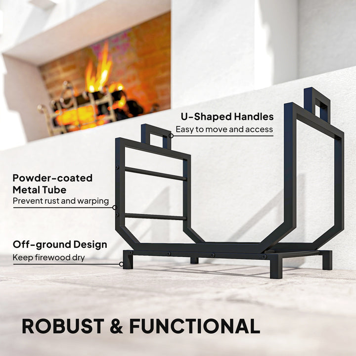 Outsunny Firewood Rack Outdoor, Heavy-Duty Log Holder with Log Tote Bag for Fireplace, Indoor Fire Wood Storage Rack