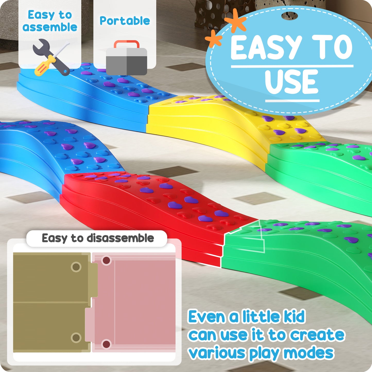 Outsunny 8pcs Balance Beam for Kids, 4 Sensory Pads and 4 Beams with Non-slip Surface & Bottom, Stackable Stepping Stones Kids for Boys Girls 3-6 Years, Multicoloured