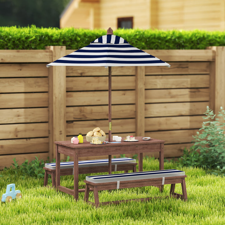 Qaba Wooden Kids Picnic Table & Bench Set with Removable Umbrella, Cushions, for Garden, Backyard, Patio, Navy Blue