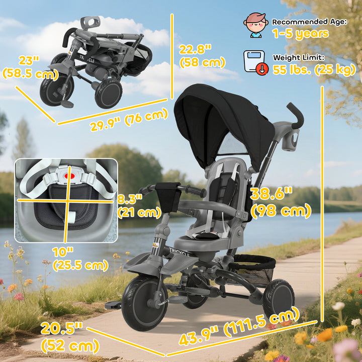 Qaba 6 in 1 Toddler Tricycle for 1-5 Years Old with Push Handle, Removable Canopy, Rotatable Seat, Pink