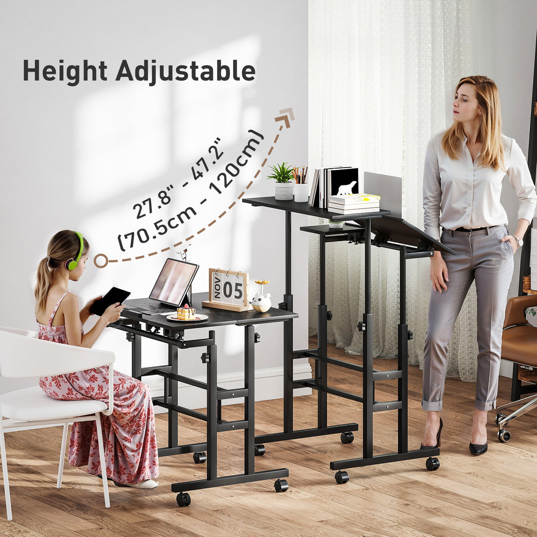 HOMCOM Mobile Stand Up Desk, Height & Angle Adjustable Computer Desk with Wheels for Standing or Sitting, Laptop Desk, Black