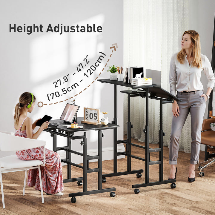 HOMCOM Mobile Stand Up Desk, Height & Angle Adjustable Computer Desk with Wheels for Standing or Sitting, Laptop Desk, Black