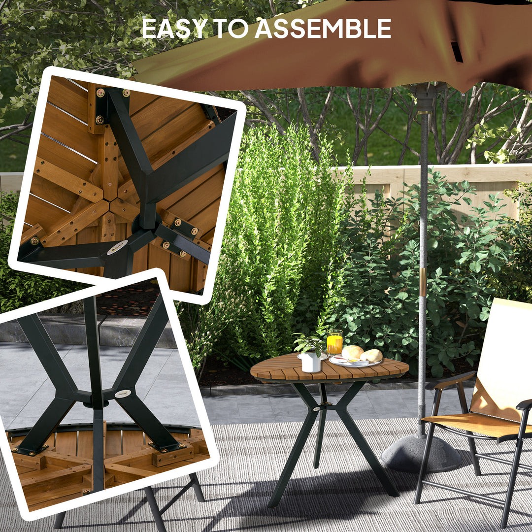 Outsunny 35.4" Outdoor Dining Table with Slatted Acacia Wood Leaf Tabletop, Patio Table with Steel Legs for Garden, Yard, Teak