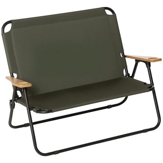 Outsunny Double Folding Chair, Loveseat Camping Chair for 2 Person, Portable Outdoor Chair with Wood Armrest for Fishing Travel, Green