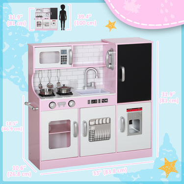 Qaba Play Kitchen for Kids, Kids Kitchen Playset w/ Chalkboard, Ice Maker, Play Phone, Sink, Microwave