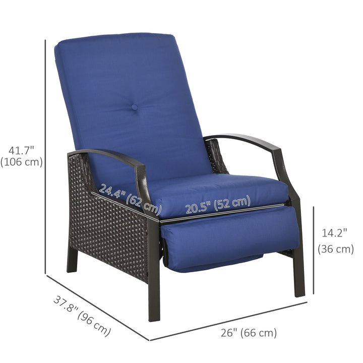 Outsunny Outdoor Rattan Recliner Chair, Wicker Reclining Chair with Adjustable Back Retractable Footrest Cushion Dark Blue