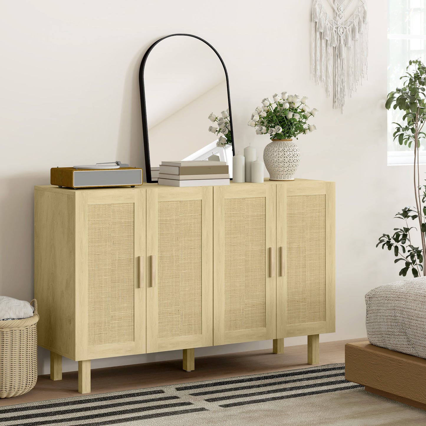 HOMCOM Boho Sideboard Buffet Cabinet, Storage Cabinet with 4 Rattan Doors and Adjustable Shelves, Black