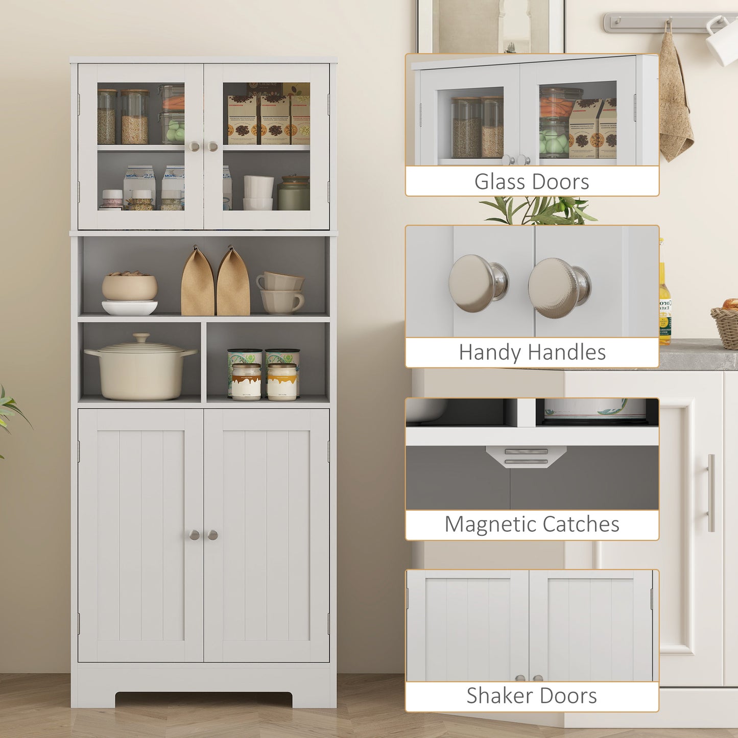 HOMCOM 57" Kitchen Pantry, Freestanding Pantry Storage Cabinet with Glass Doors, Adjustable Shelves, Open Compartments, White