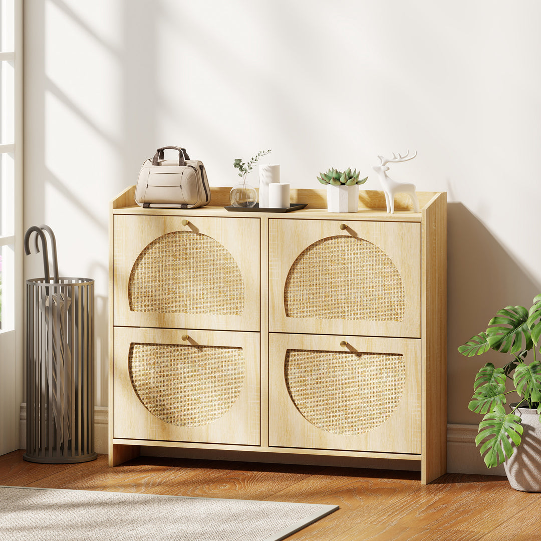 HOMCOM 4 Flip-Drawer Shoe Cabinet, Shoe Storage Cabinet with Rattan Doors and Adjustable Shelves, Holds 16 Pairs, Natural