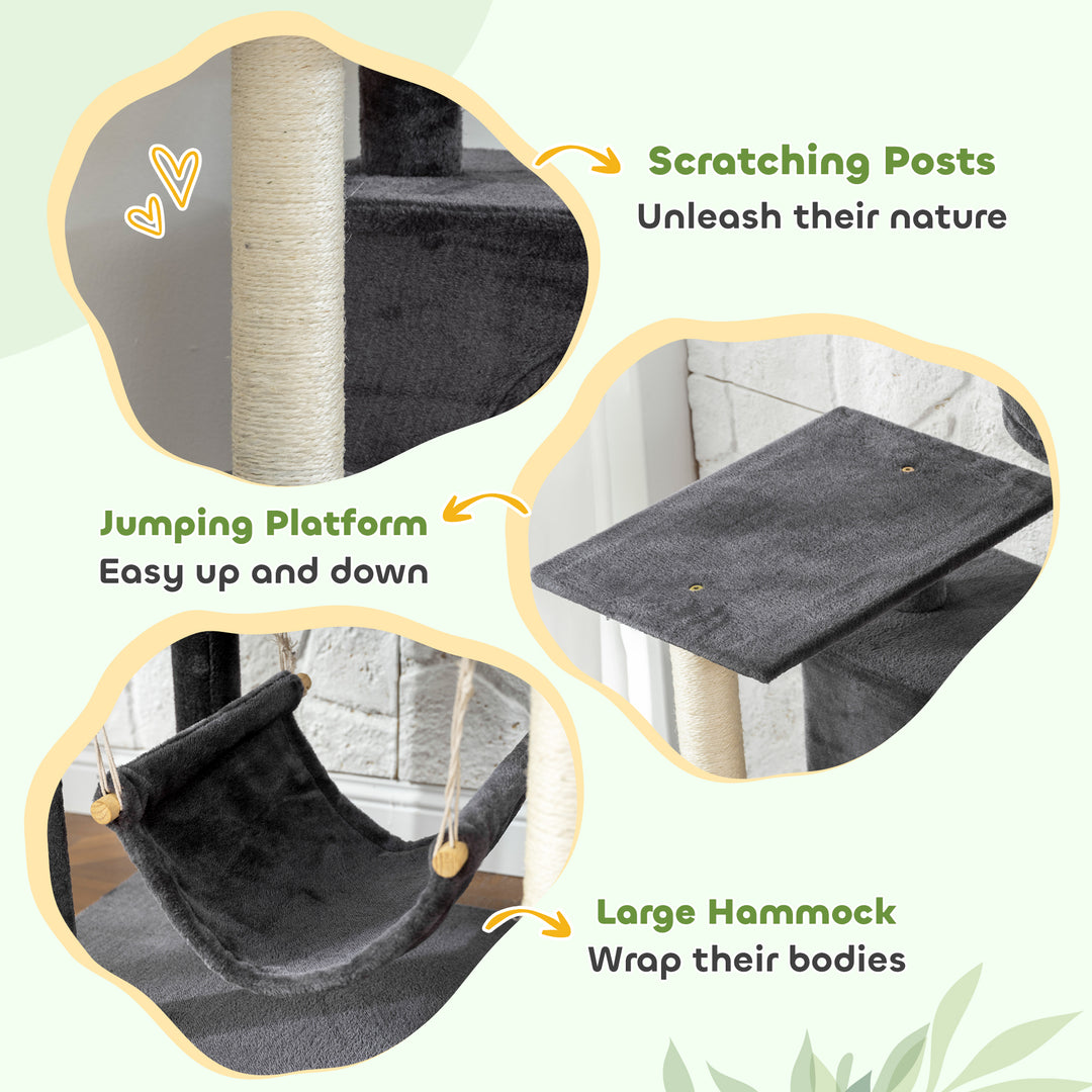 PawHut 66 Inch Large Cat Tree with 2 Door Condos, 3 Big Hammocks, Plush Top Perch, Sisal Scratching Posts, Light Grey
