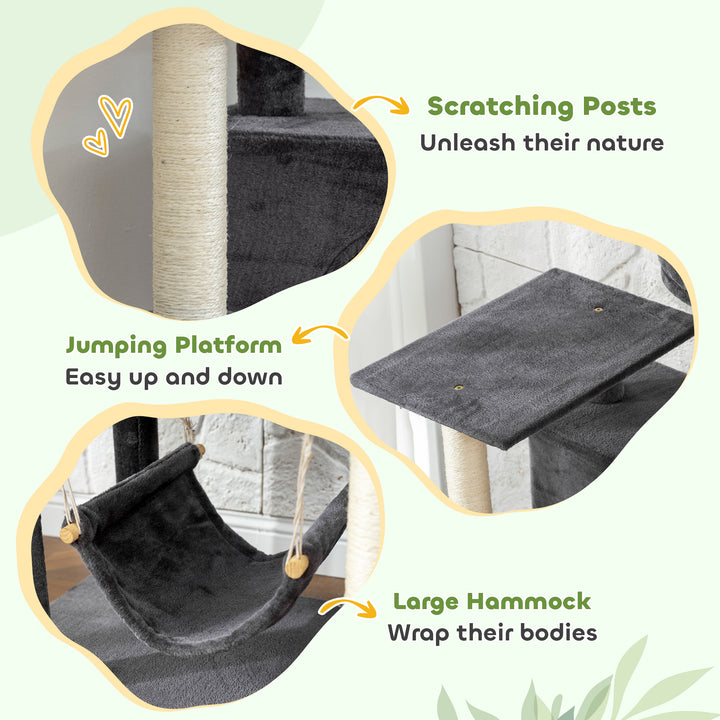 PawHut 66 Inch Large Cat Tree with 2 Door Condos, 3 Big Hammocks, Plush Top Perch, Sisal Scratching Posts, Light Grey