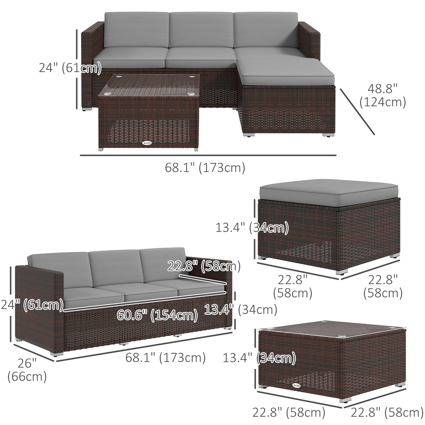 Outsunny 3 Pieces Patio Furniture Set with Cushions, Outdoor PE Rattan Wicker Conversation Corner Sofa Set with Glass Top Table and Adjustable Foot for Garden, Lawn, Cream White
