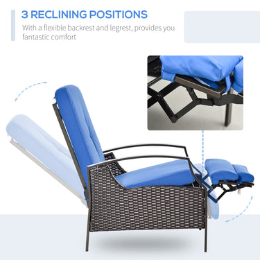Outsunny Outdoor Rattan Recliner Chair, Wicker Reclining Chair with Adjustable Back Retractable Footrest Cushion Blue