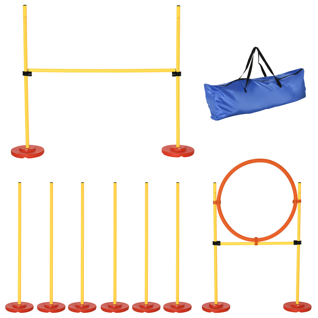 PawHut Adjustable Dog Agility Training Obstacle Set with Weaves Poles and Storage Bag for Pet Dogs Outdoor Games Exercise Blue and White