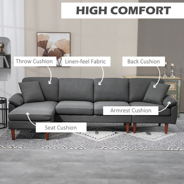 HOMCOM L-Shape Sofa, Modern Sectional Couch with Changeable Chaise Lounge, Pillows and Wooden Legs for Living Room, Dark Grey