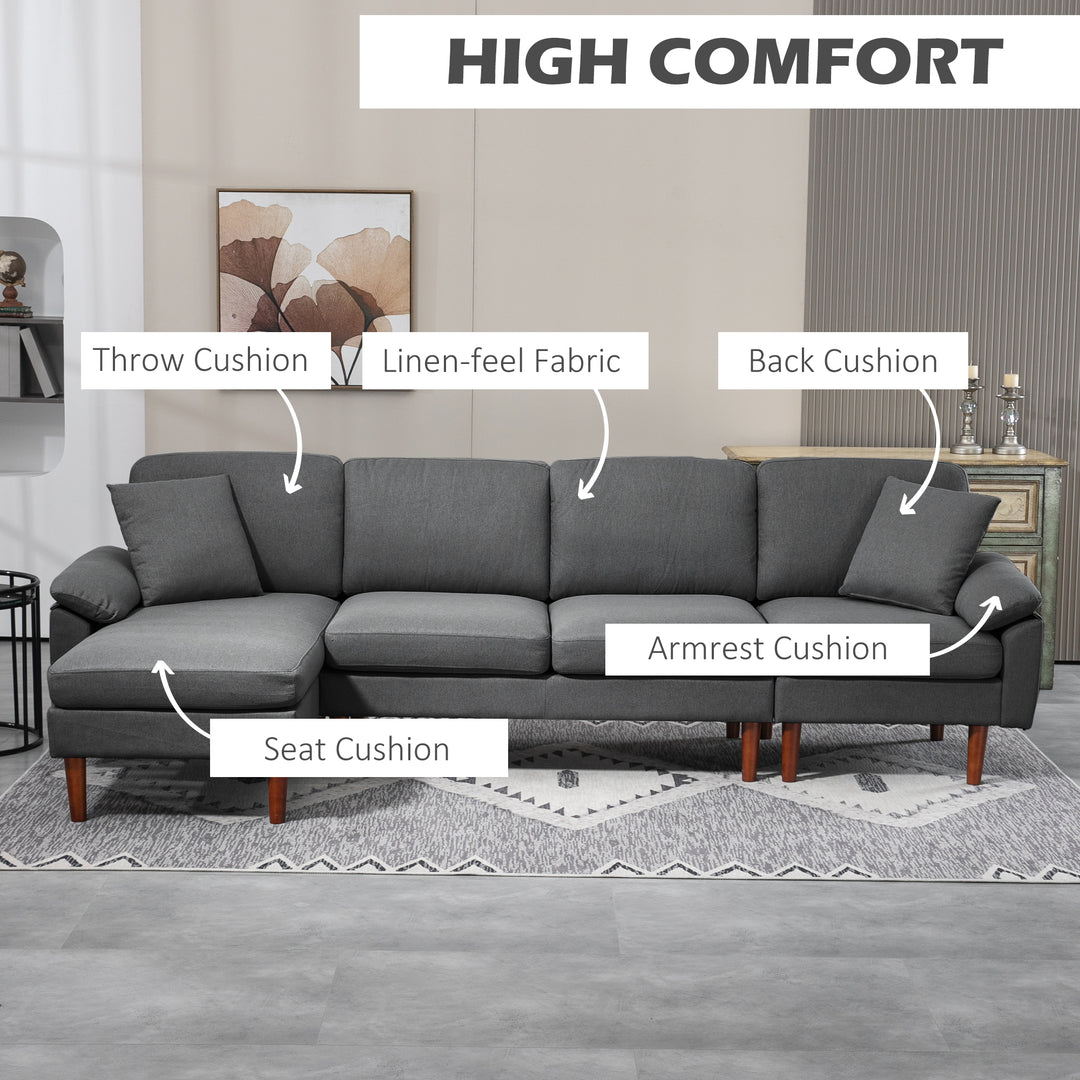 HOMCOM L-Shape Sofa, Modern Sectional Couch with Changeable Chaise Lounge, Pillows and Wooden Legs for Living Room, Dark Grey