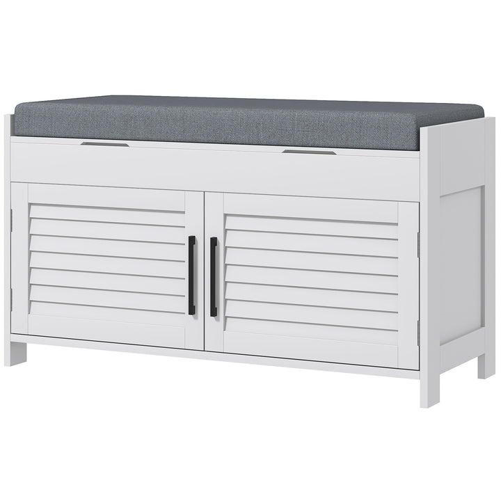 HOMCOM Entryway Bench with Cushion, Hidden Storage, Adjustable Shelves and Shutter Doors, 35.4" Shoe Bench, White