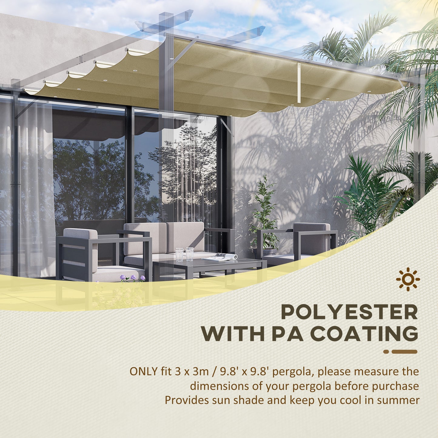 Outsunny Retractable Replacement Pergola Canopy for 10' x 10' Pergola, Pergola Cover Replacement, Cream White
