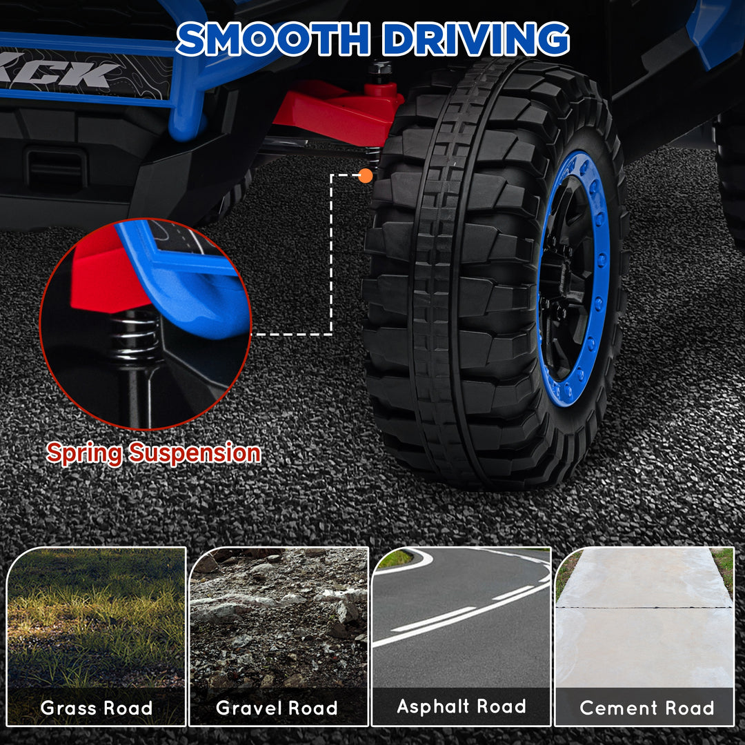 Qaba 2 Seater 24V 7AH Ride on Truck, Electric Car for Kids w/ Spring Suspension, Remote Lights, Horn, Music, Blue