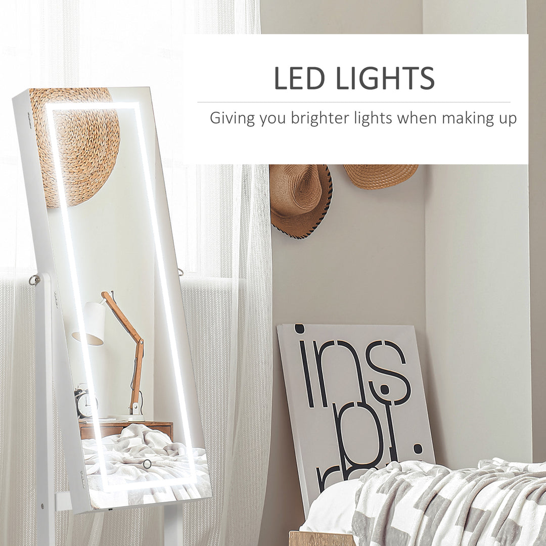 HOMCOM Lockable Jewellery Armoire with LED Light, Standing Mirror with Storage for Bedroom Dressing Room, White