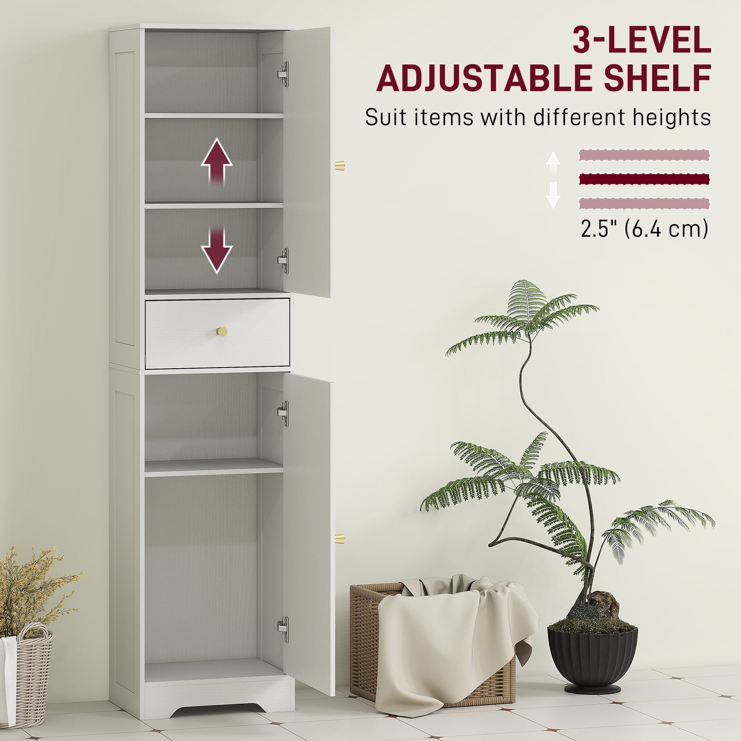 HOMCOM 67" Tall Bathroom Cabinet, Slim Bathroom Storage Cabinet with 2 Doors, Drawer and Adjustable Shelf, White Wood Grain