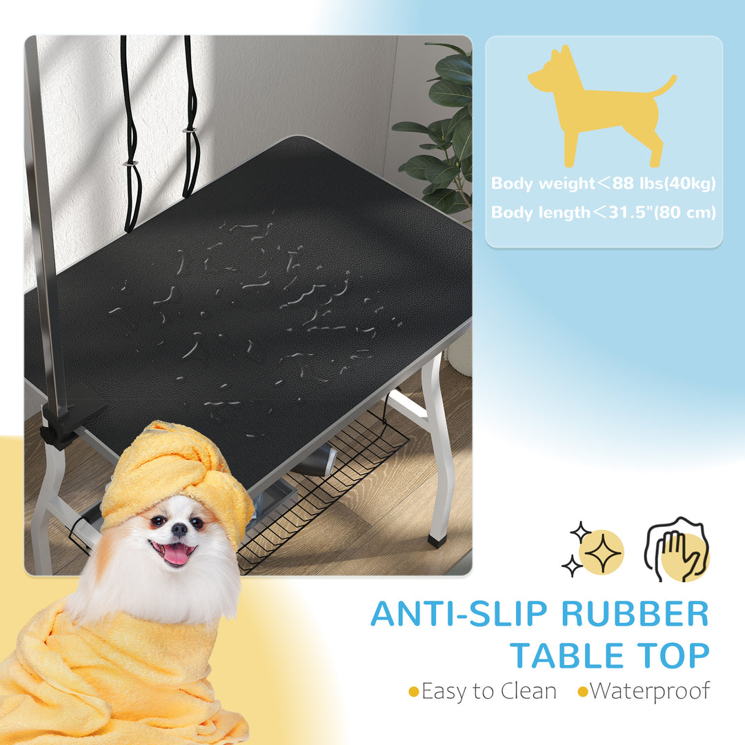 PawHut Dog Grooming Table w/ Adjustable Arm, Mesh Tray,  Two Nooses, Rubber Surface, 35" x 24" x 61", Black