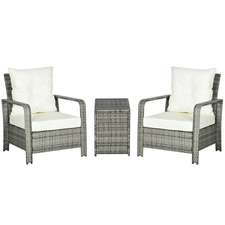 Outsunny 3 Pieces Wicker Patio Furniture Set, Rattan Bistro Set with Storage Coffee Table and Thickened Cushions, Outdoor Conversation Set for Garden, Porch, Balcony, Red