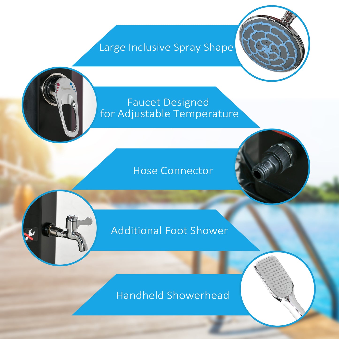 Outsunny 7ft Outdoor Solar Heated Shower with 360 Rotating Shower Head, Foot Shower Faucet, Temperature and Pressure Adjustable