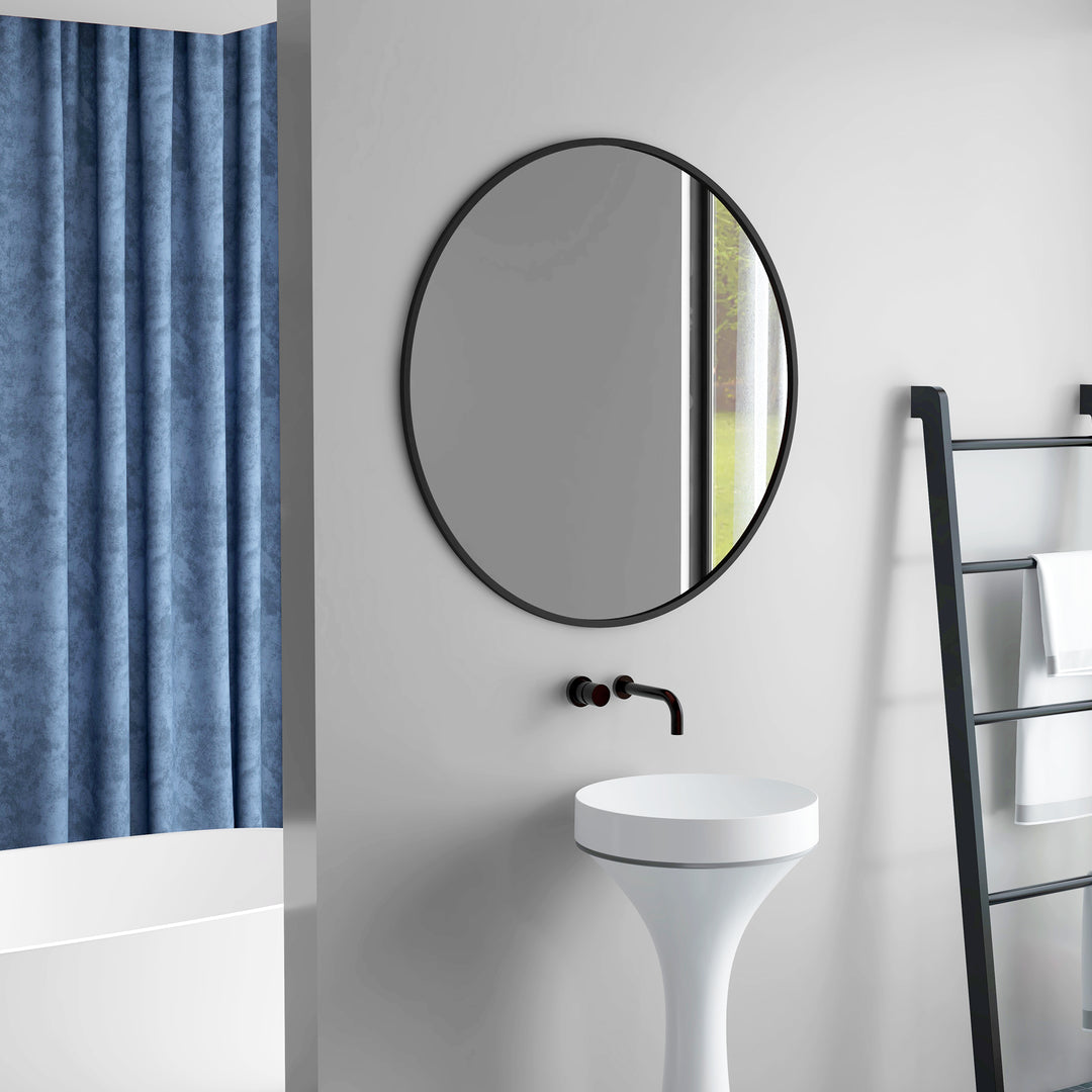 HOMCOM 36" Round Mirror, Bathroom Wall Mirror with Metal Frame, Decorative Vanity Mirror for Living Room, Bedroom, Black