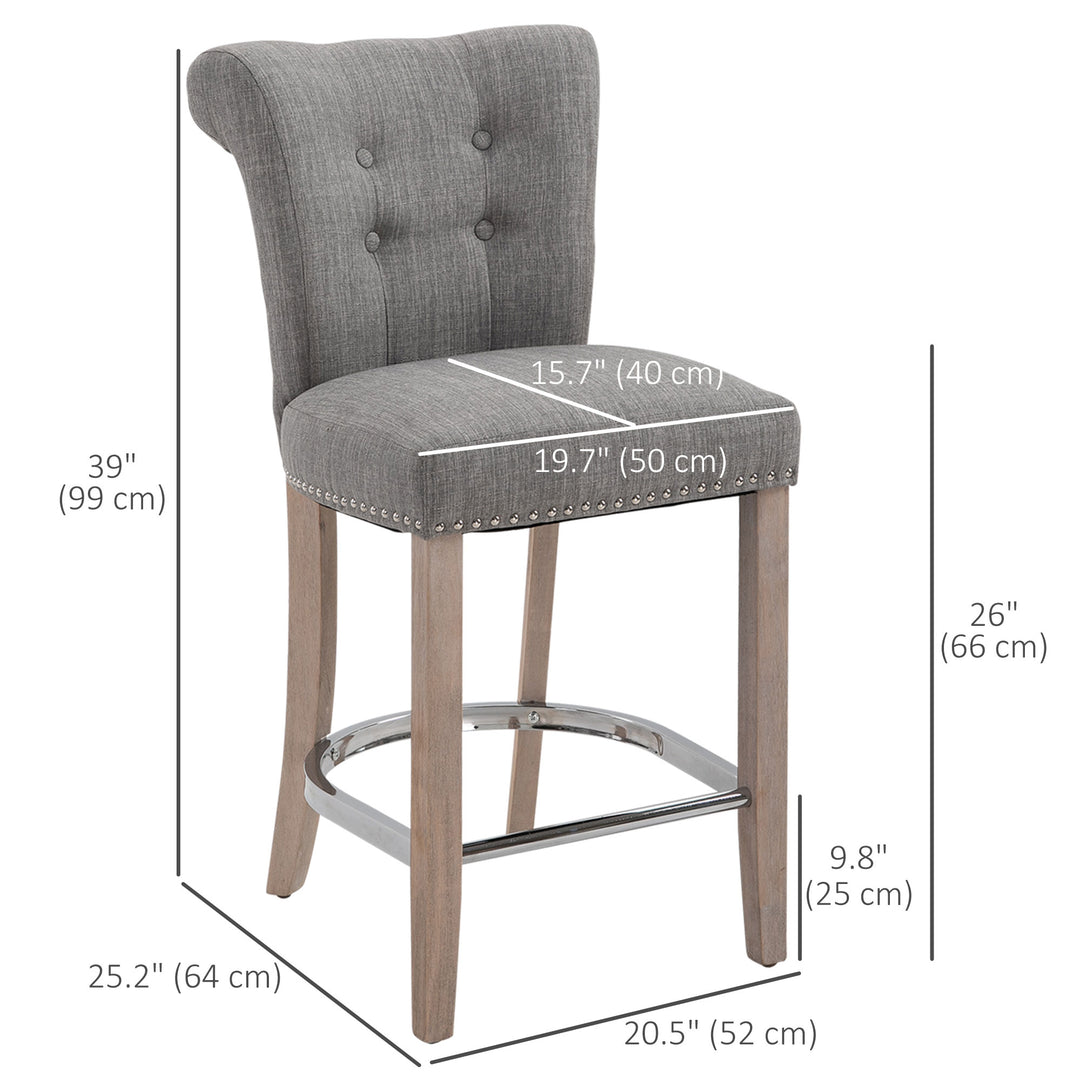 HOMCOM Bar Stools Set of 2, Upholstered Counter Height Stools with Button Tufted Back, Wood Legs and Footrest, Grey