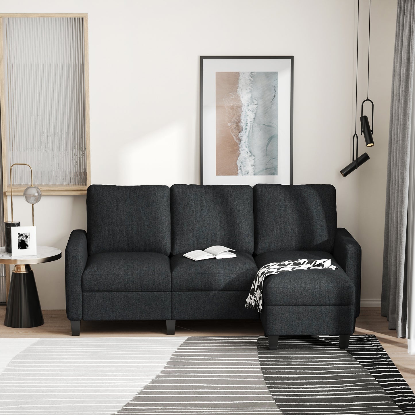 HOMCOM L-Shape Sofa, Modern Sectional Couch with Ottoman, Corner Sofa for Living Room, Dark Grey