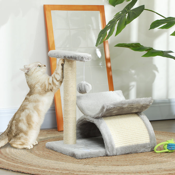 PawHut 17" Small Cat Tree with Scratching Post, Cat Tower with Rotatable Top Pole, Platform, 2 Dangling Balls, Light Grey