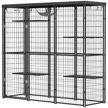 PawHut Weld Wire Catio Outdoor Indoor with Waterproof Cover, 4 Jumping Platforms, Hammock, 69" x 22" x 62", Black