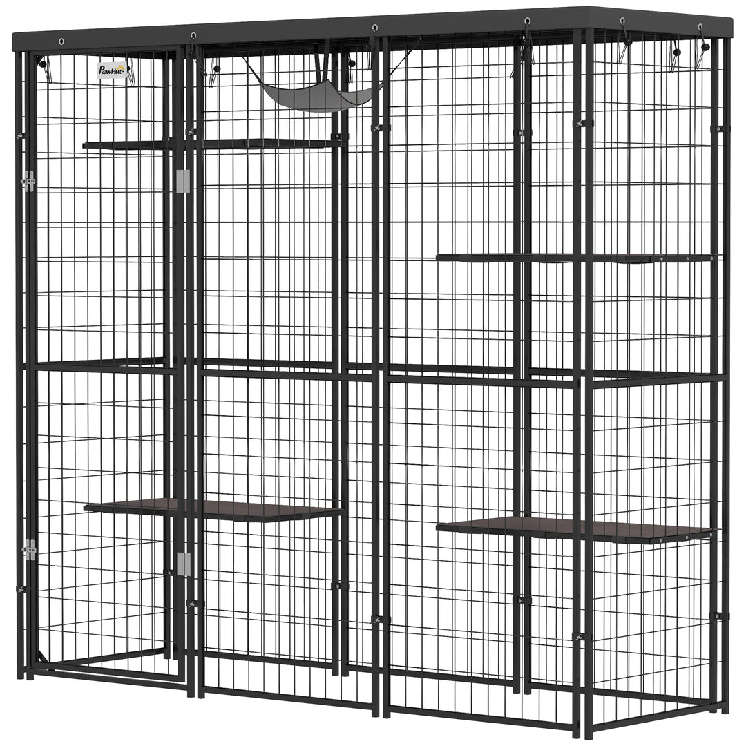 PawHut Weld Wire Catio Outdoor Indoor with Waterproof Cover, 4 Jumping Platforms, Hammock, 69" x 22" x 62", Black