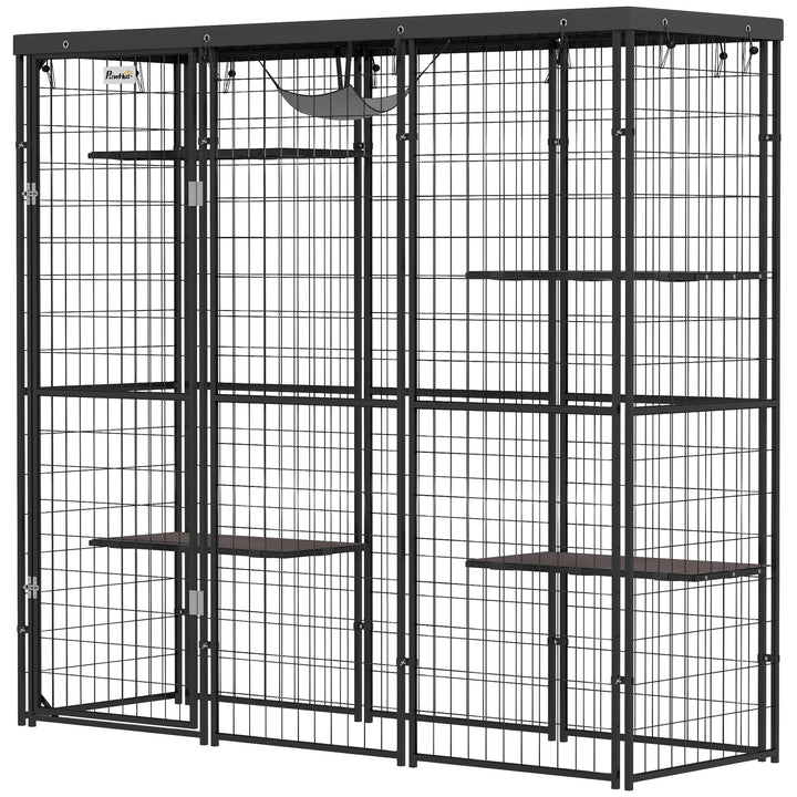 PawHut Weld Wire Catio Outdoor Indoor with Waterproof Cover, 4 Jumping Platforms, Hammock, 69" x 22" x 62", Black