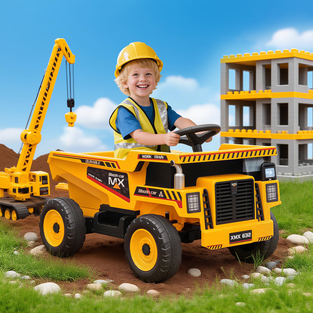 Qaba Kids Electric Car, Ride On Dump Truck, 12V Ride On Toy with Electric Dump Bed and Remote Control, Yellow