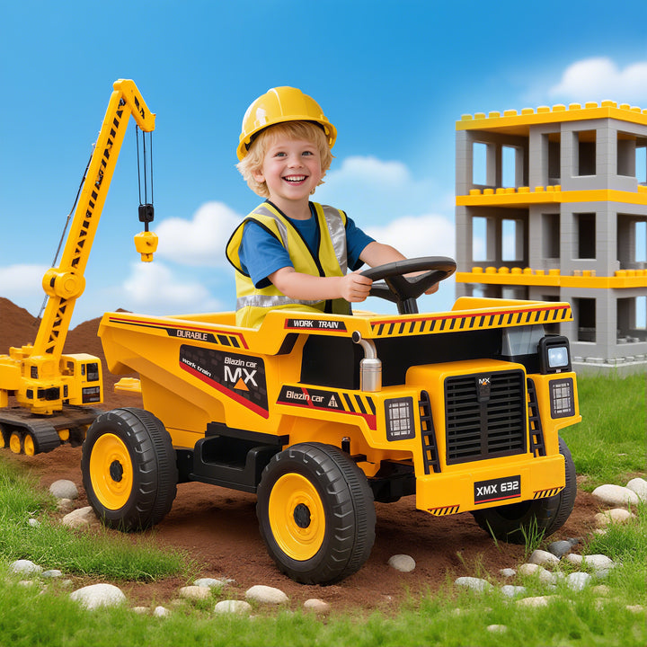 Qaba Kids Electric Car, Ride On Dump Truck, 12V Ride On Toy with Electric Dump Bed and Remote Control, Yellow