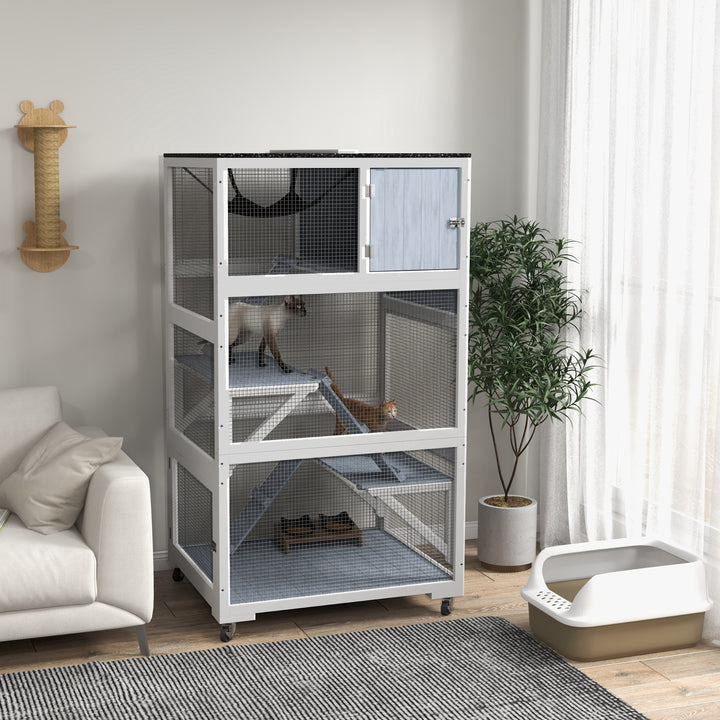 PawHut 34" L Catio Outdoor Cat Enclosure on Wheels with Hammock Multiple Platforms Resting Condo Ramps, for 1-3 Cats, Orange