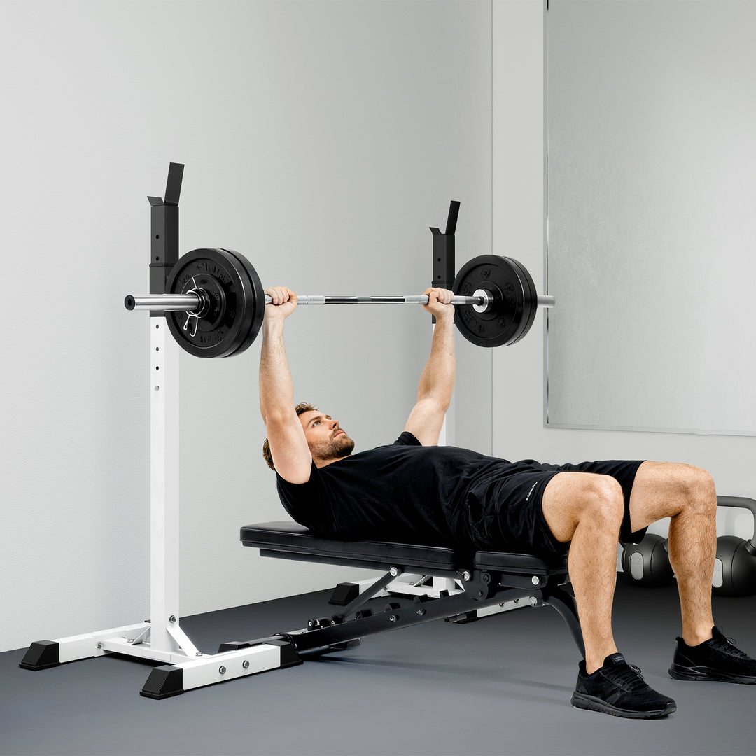 Soozier Adjustable Barbell Rack Stable Power Squat Stand Portable 2 Bars Barbell Holder Weight Rack, Black and White