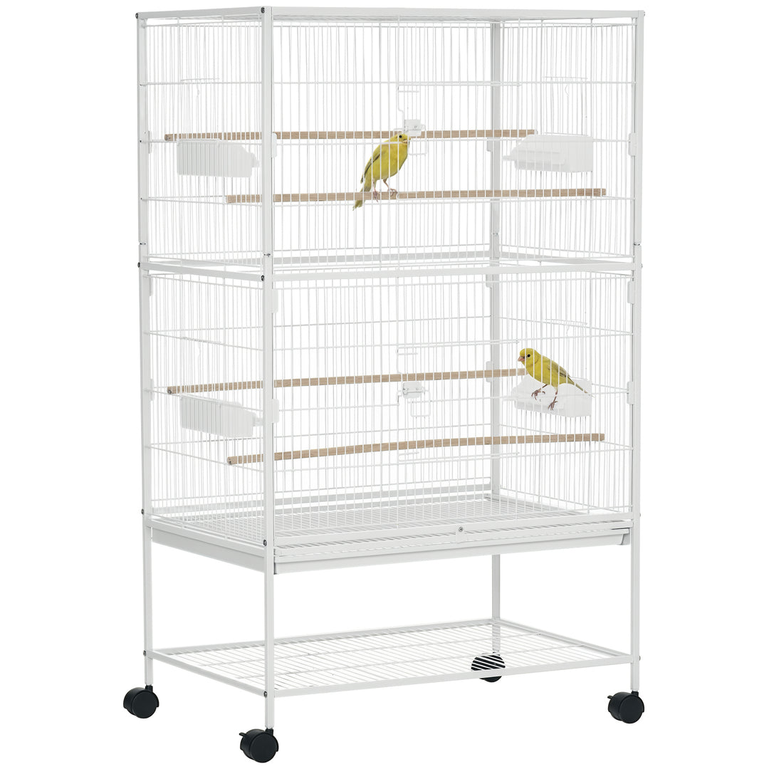 PawHut 52'' Large Rolling Steel Bird Cage Bird House with Rolling Stand, Storage Shelf, Wood Perch, Food Container, Dark Grey