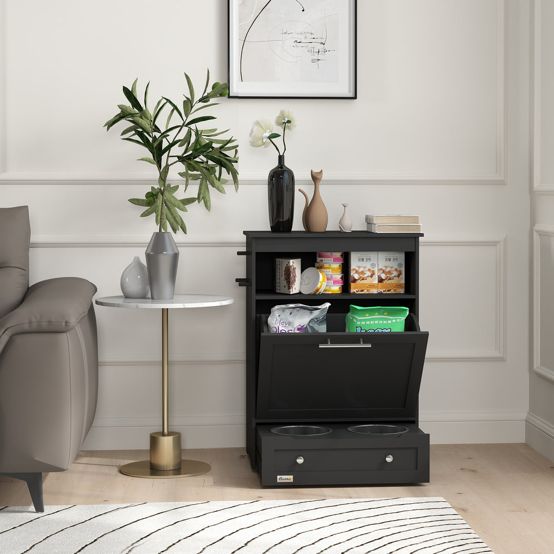 PawHut Pet Feeder Station Storage Cabinet, Dog Food Storage Container with Dog Raised Bowls, Watering Supplies, Gray