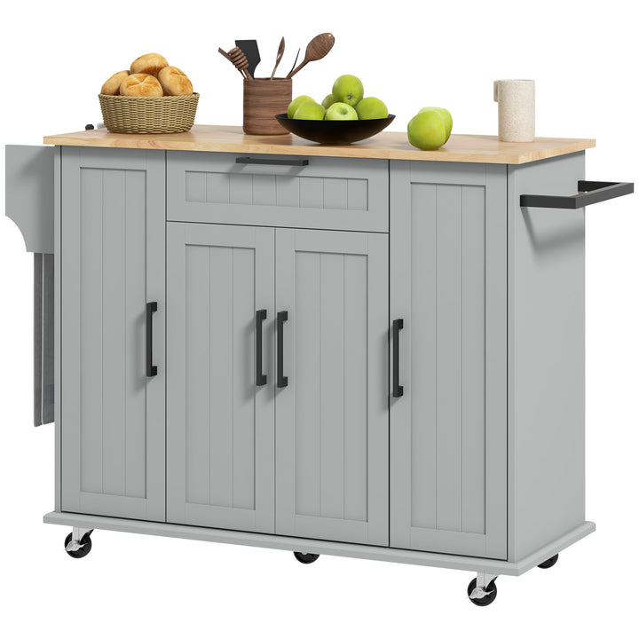 HOMCOM Modern Rolling Kitchen Island Cart with Drawers, Natural Wood Top, Towel Rack, Door Storage Cabinet, White