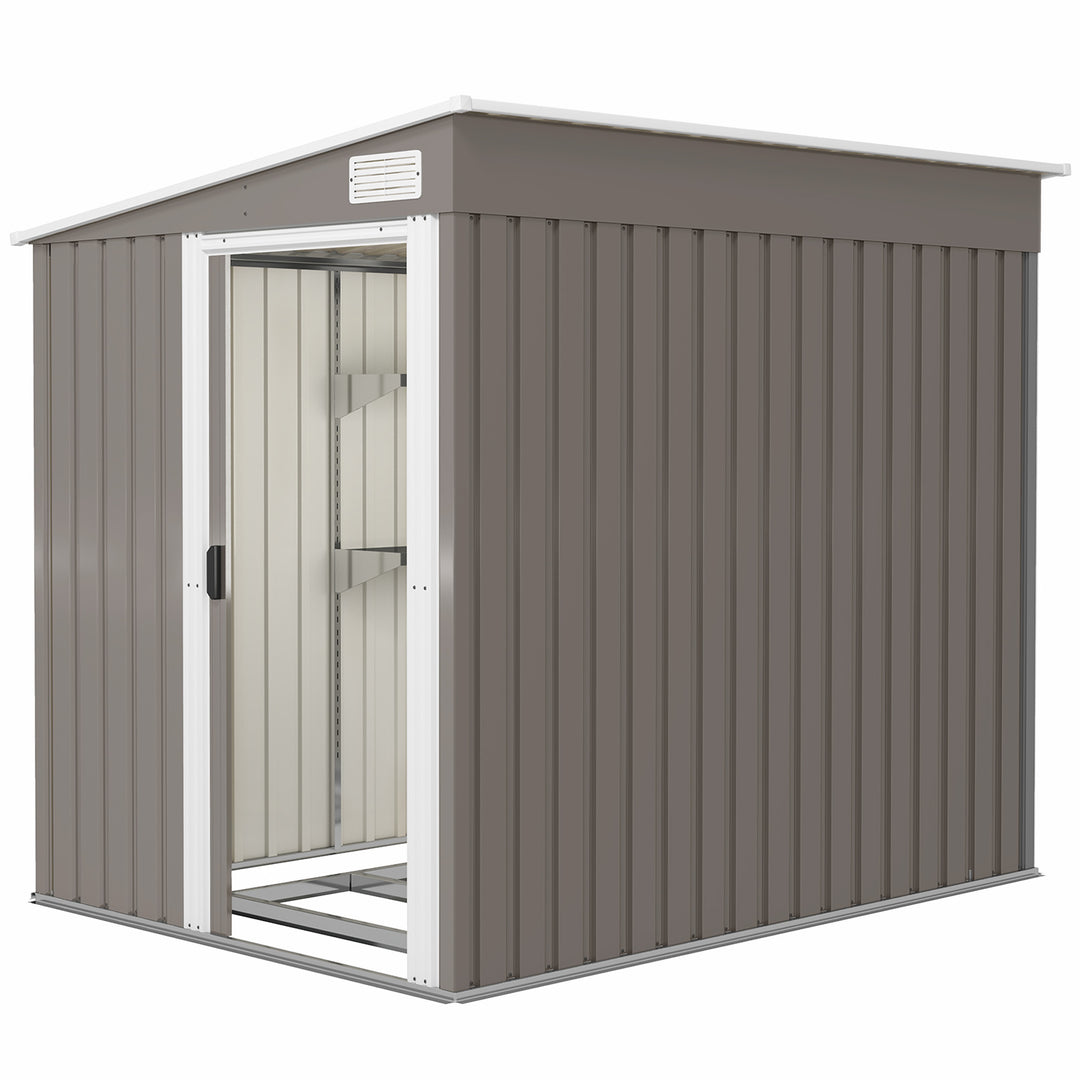 Outsunny 5x7 Garden Shed, Lean-to Metal Storage with Foundation, Sliding Door & 2 Vents for Garden Tools, White