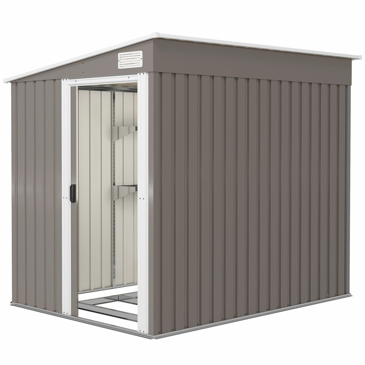 Outsunny 5x7 Garden Shed, Lean-to Metal Storage with Foundation, Sliding Door & 2 Vents for Garden Tools, White