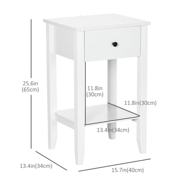 HOMCOM Side Table Set of 2, End Tables with Drawer and Bottom Shelf, 2-tier Nightstand for Bedroom, Living Room, White