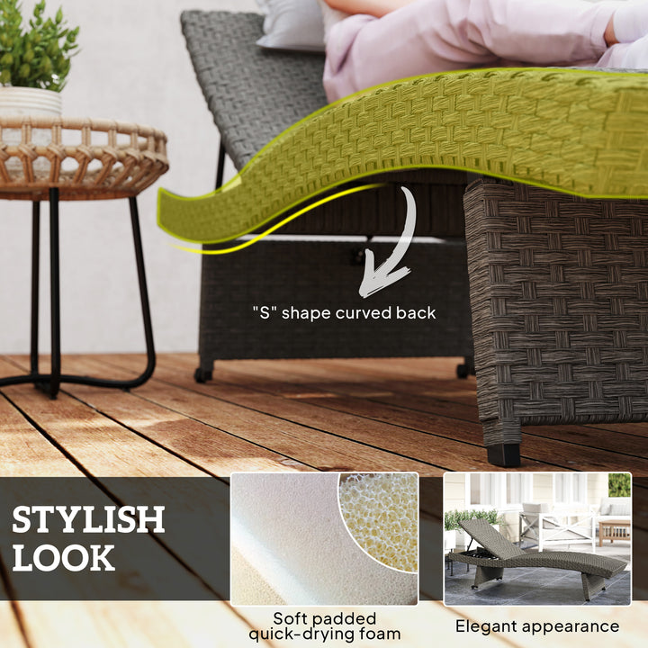 Outsunny Rattan Folding Outdoor Lounger Chair Recliner with 5-Level Adjustable Backrest, Wheels for Garden, Patio, Mixed Grey