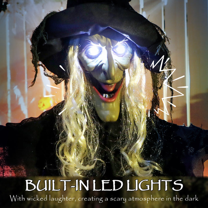 Outsunny Life Size Halloween Animated Hanging Witch with Glowing LED Eyes, Scary Halloween Decorations, Battery Operated